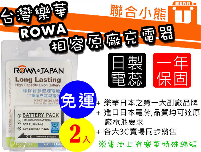 【聯合小熊】現貨二入 ROWA Fuji X70 F31 X30 X100 X100S W1 X-S1 NP-95 電池