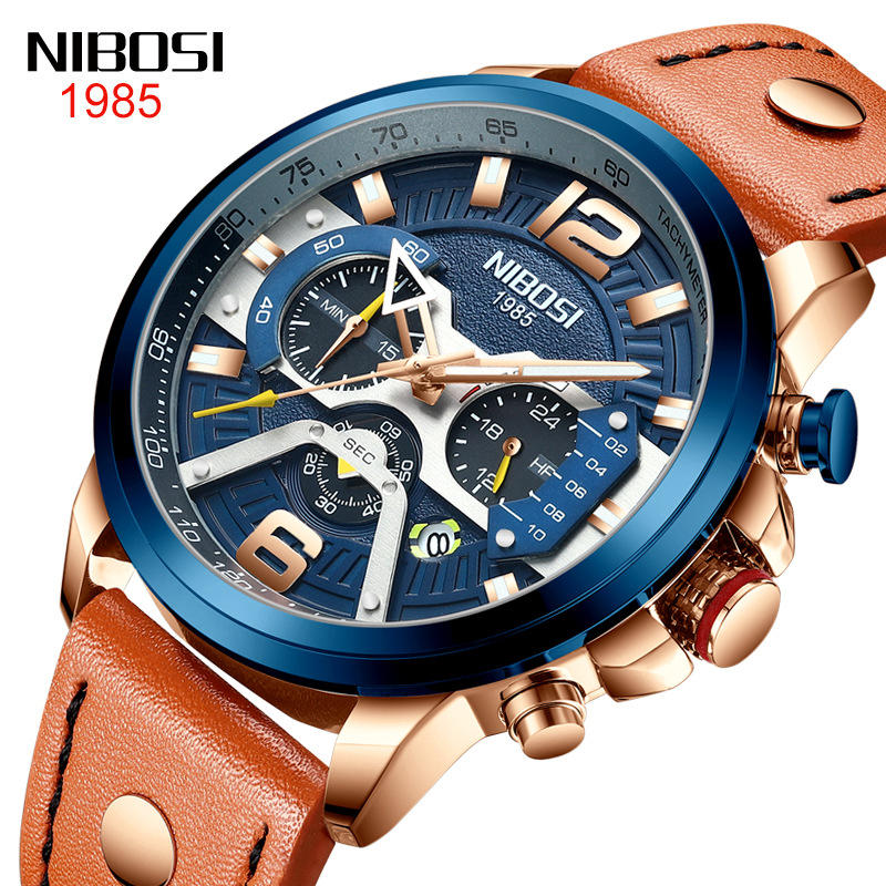 【潮裡潮氣】NIBOSI尼伯斯新款真皮休閒手錶夜光大錶盤多功能學生表防水手錶男2373