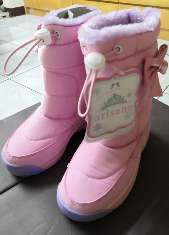 日本知名兒童品牌 arisana 粉色 絲帶雪地靴