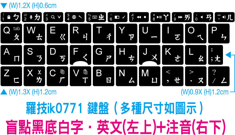 ◎訂製鍵盤貼紙~羅技ik0771(多種尺寸如圖示)．英文(左上)＋注音(右下)-盲點黑底白字