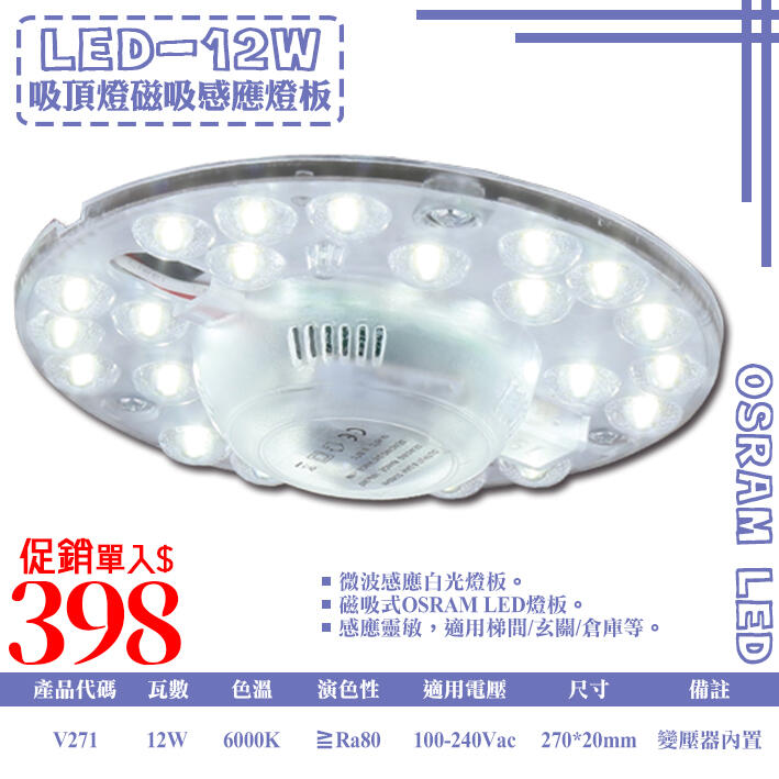 《基礎二館 》《WUV271》LED-12W微波感應燈板 感應靈敏 節能省電 適用於住家.辦公室.商業.樓梯間