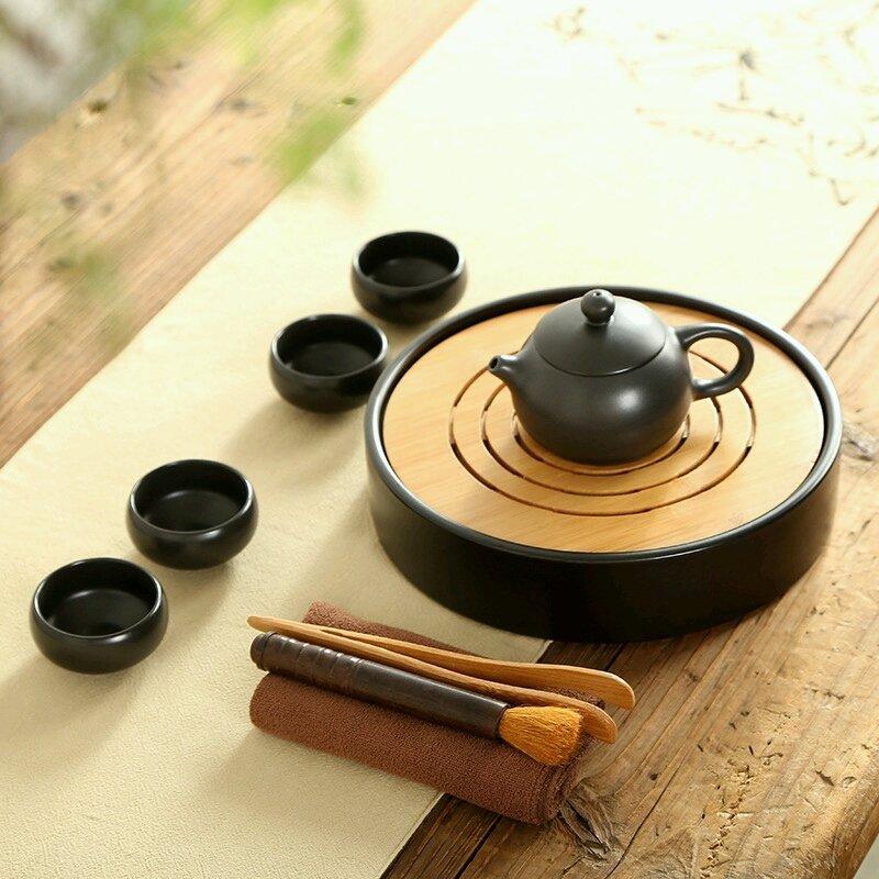 精緻圓型陶瓷旅行茶具套組 竹製茶盤【黑定款】附專用手提收納袋