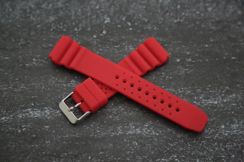 高質感24mm 紅色蛇腹式矽膠錶帶替代原廠貨citizen seiko diver潛水錶適用