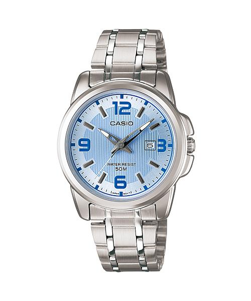 CASIO WATCH 卡西歐繽紛淑女水藍條紋面阿拉伯數字日期石英鋼帶腕錶 型號：LTP-1314D-2A【神梭鐘錶】