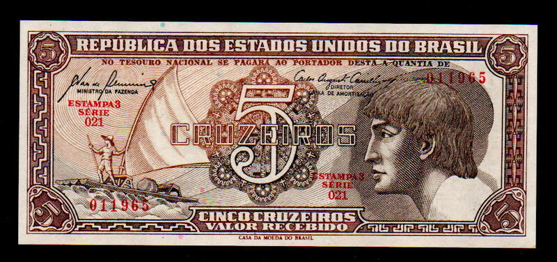 【低價外鈔】巴西 ND 1961-62年 5Cruzeiros 紙鈔一枚  P166A 絕版少見~98新