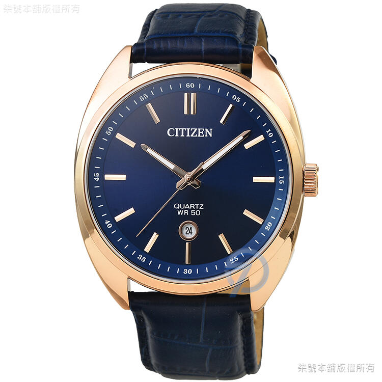 柒號本舖】CITIZEN星辰GENT紳士石英皮帶錶-玫瑰金框藍面/ BI5093-01L