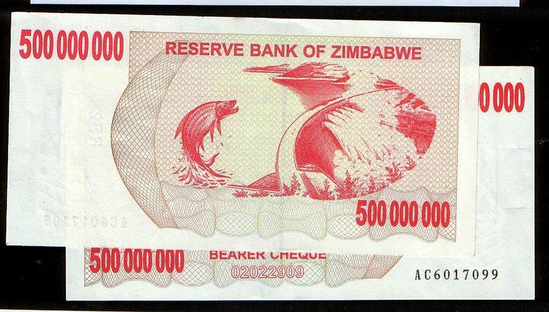 ZIMBABWE（辛巴威鯉魚躍龍門5億紙幣），P60，面額：500000000，2008，品相全新UNC