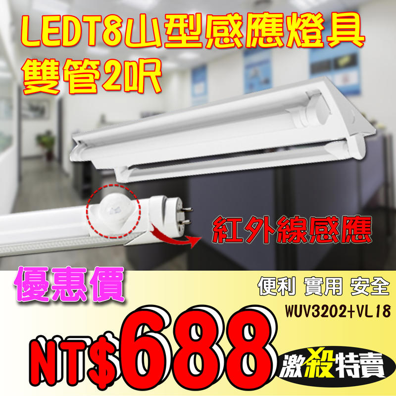 《基礎照明》(WUV3202+VL18)LEDT8山型感應燈具 2尺10W雙管白光 紅外線感應燈人體感應燈 適用商業空間
