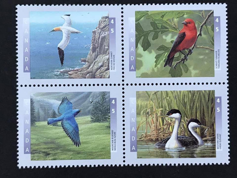 1997 #加拿大 #鳥類（山藍知更鳥. 北塘鵝. 西部格里布. 猩紅色的唐納雀 套票4全 65元