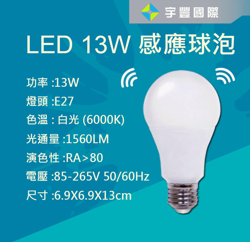 【宇豐國際】LED E27 13W 微波雷達 感應 節能 球泡 燈泡 85-265V 樓道 陽台 車庫 感應燈泡 白光