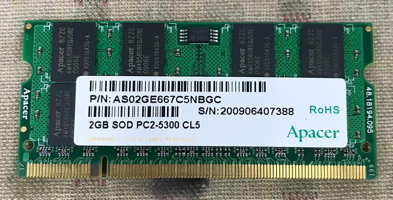 [筆電用]台中市售中古品 Apace PC2-5300(DDR2-667) 2G 共1條 (有上機測試.功能正常)