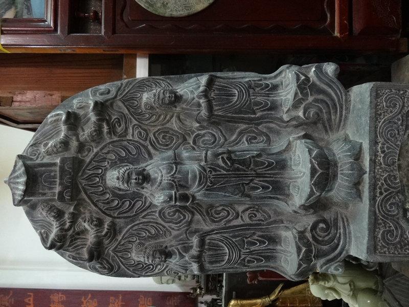 [御寶閣]古董 文物 藝品 化石 ~大型黑膽石 石雕神龕 觀世音菩薩石雕 黑膽石 老神龕