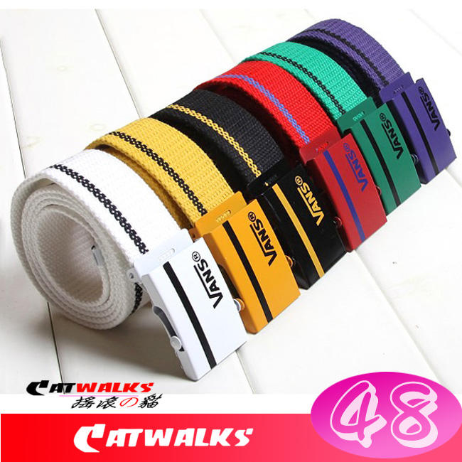 台灣現貨 Catwalk's- 潮流風電鍍扣頭文字條紋帆布腰帶 ( 黑色、白色、紅色、黃色、綠色、紫色、黑底黃、藍色 )