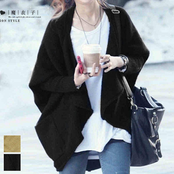 【QV3015】魔衣子-純色寬鬆蝙蝠袖針織毛衣罩衫外套