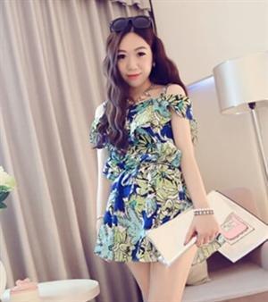 【yes99buy】新款 裙 洋裝 2014夏季새로운 日系復古洋氣華麗荷葉邊吊帶시퐁 雪紡裙(藍色)