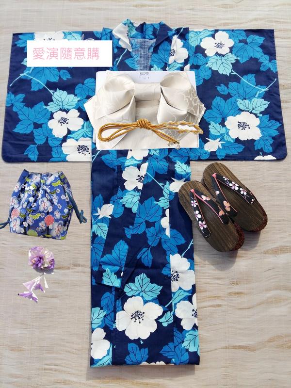 日本全棉和服浴衣 華麗 優雅風藍底木槿 溫柔的堅持 花火