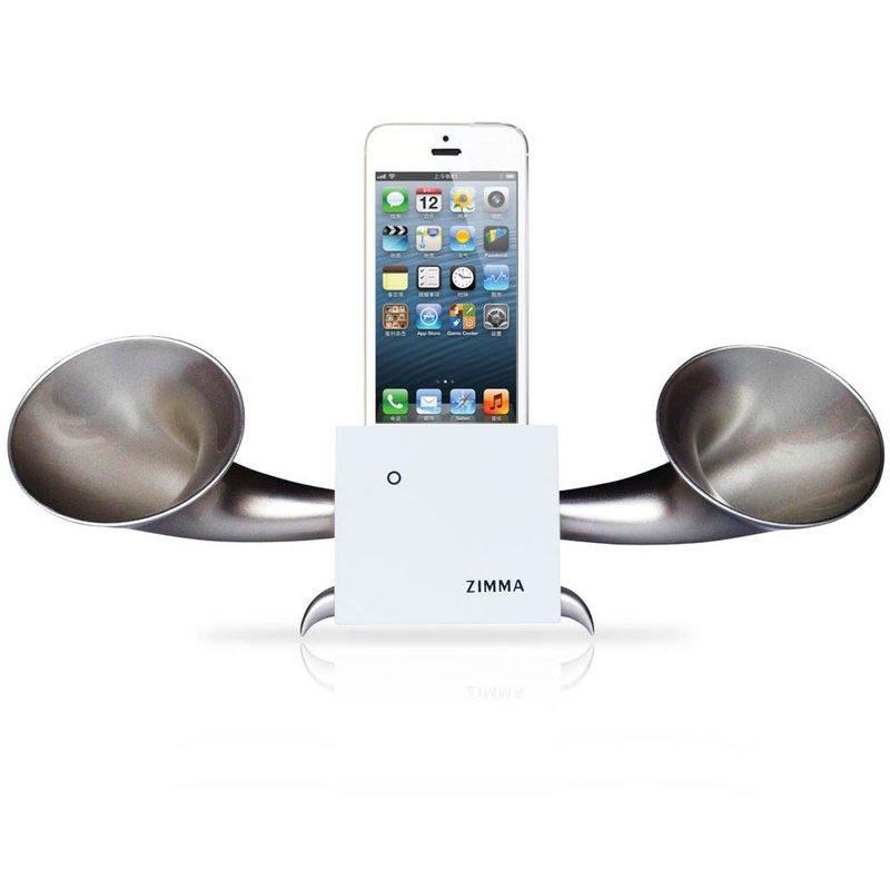 (福利品~功能皆正常)(iPhone SE 系列以下機種專用)雙聲道立體擴音器 ZIMMA 山毛櫸(雪白版)+閃霧銀