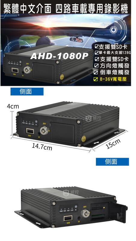 繁體中文 AHD 1080P 車載錄像機4路監控支援SD卡 行車輔助系統 行車記錄器