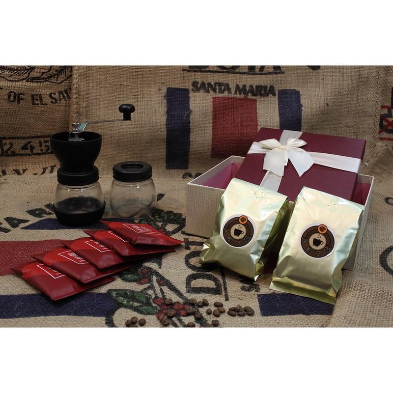 一本庄園精品咖啡禮盒組 新鮮現烘咖啡豆禮盒(磨豆機一台+精品咖啡一磅+曼巴掛耳包5包)