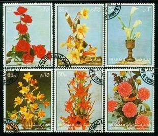 ★熊熊購物★Z355 外國蓋銷郵票沙迦各種花卉植物（6枚）