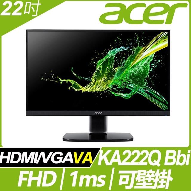 (附發票)Acer宏碁22型KA222Q Bbi無邊框濾藍光不閃屏VA面板VGA/HDMI可壁掛無喇吧