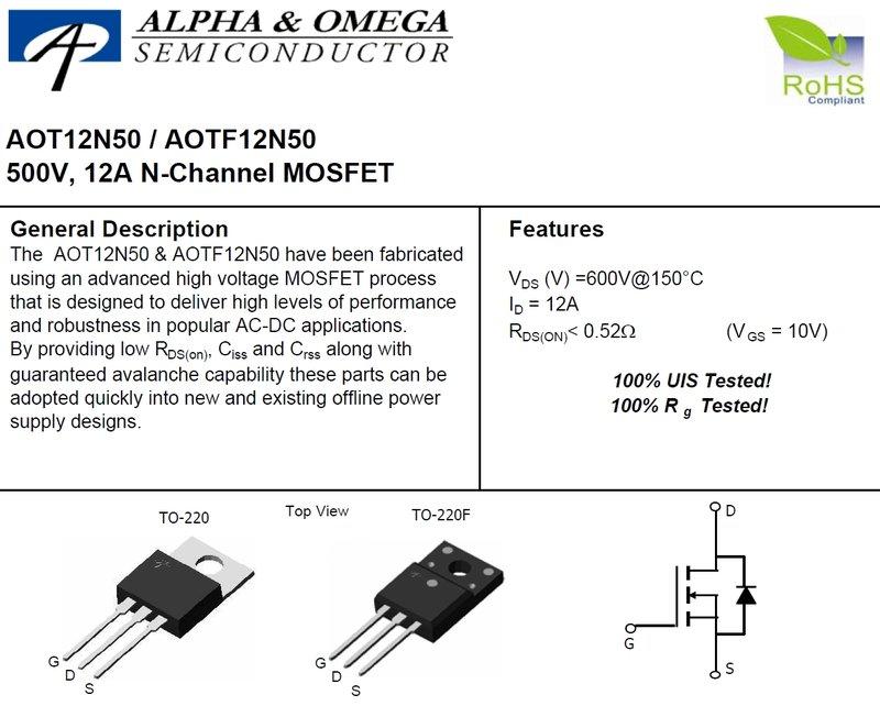 [現貨供應]MOSFET AOS TF12N50隔離型TO-220F 500V 12A 每拍5顆 | 露天市集 | 全台最大的網路購物市集
