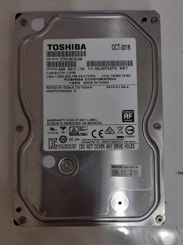 TOSHIBA 1TB 桌上型 SATA3 硬碟 使用時數1000多小時