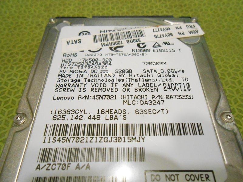 Hitachi 320G （7200RPM）HTS725032A9A364 2.5吋硬碟 （有壞軌）【故障品】