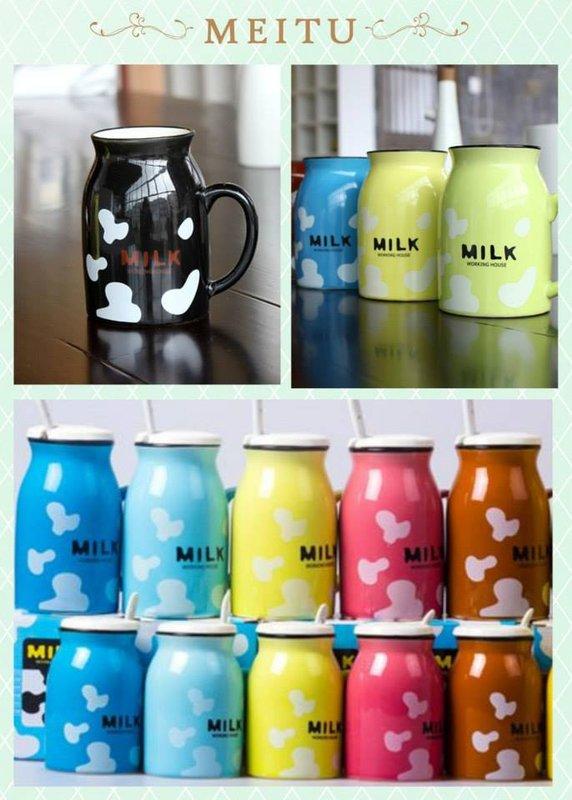 ZAKKA創意 MILK系列 可愛牛奶杯 陶瓷杯 馬克杯 咖啡杯 早餐杯 杯蓋組(杯子+杯蓋+勺) ~7色(藍色 淡藍 黃色 桃紅 咖啡 淺綠 黑色)