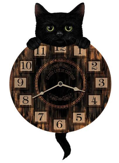 15111c 日本進口 好品質 限量品 鐘擺 小貓咪小黑貓時鐘 CAT黑色小貓喵喵動物 牆壁上掛鐘 裝潢擺件開店送禮禮品