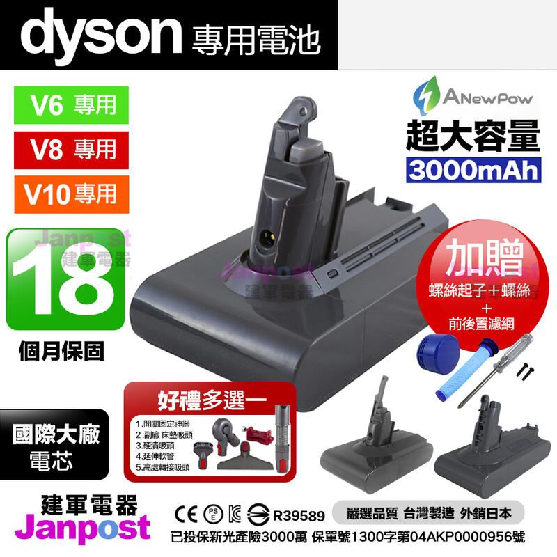 附發票保固18個月 送前後濾網 台廠 Dyson V6 V7 V8 V10 大容量3000mAh鋰電池 30分鐘