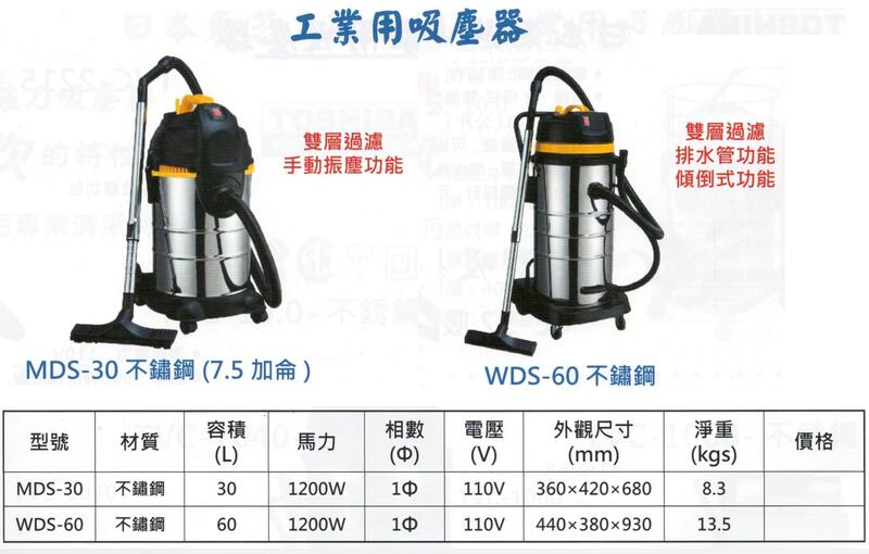 工業用吸塵器 MDS-30不鏽鋼(7.5加侖)/WDS-60不鏽鋼 價格請來電或留言洽詢