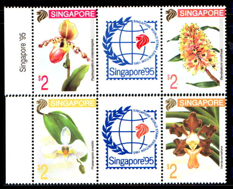 【我愛集郵】P0210-新加坡世界郵展蘭花紀念郵票-帶版-原膠美品