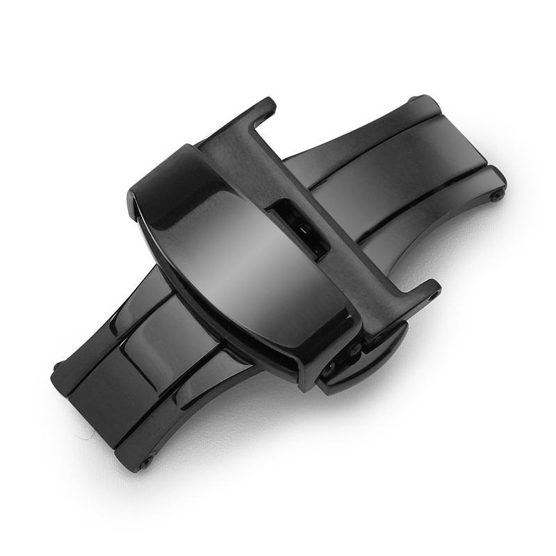 【錶帶家】16mm 18mm 20mm 22mm 尊貴黑高級不鏽鋼飛機扣PVD亮面黑色﹝按壓式彈簧雙折扣、折疊扣﹞
