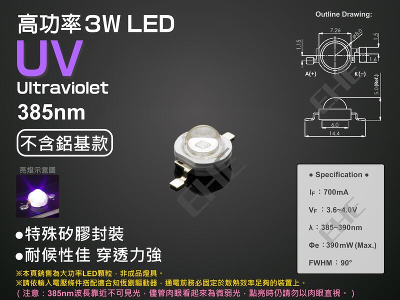 EHE】高功率3W特殊365nm UVA紫外線LED顆粒【不含鋁基】3H1U1。適半導體設備機台微塵檢驗、UV油墨印刷等