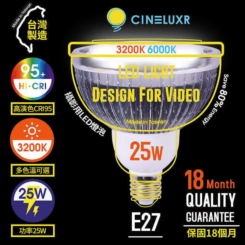 [享樂攝影]台灣製Cineluxr 25W 專業LED燈泡 CRI95高演色無頻閃 專業攝錄影燈泡6000K 3200K