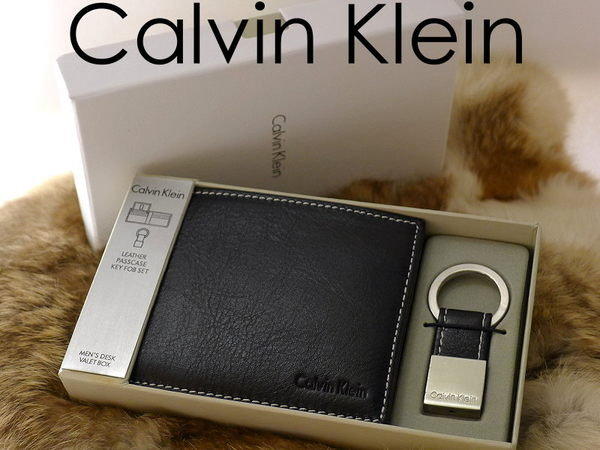 全新100% Calvin Klein原廠正品黑色白線款皮夾+CK鑰匙圈禮盒組◎可+ck紙袋