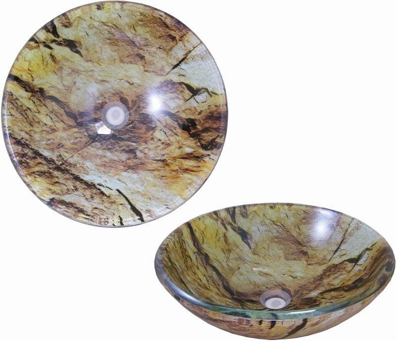 直徑42公分-雙層強化玻璃面盆附底圈及落水頭, 岩石石材色, VS60I