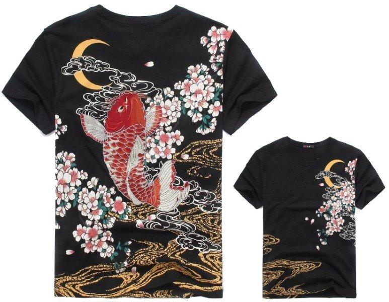 ╭☆牛王本舖☆╯日本潮牌 赤猿 月亮鯉魚刺繡紋身T恤 個性男士短袖T恤