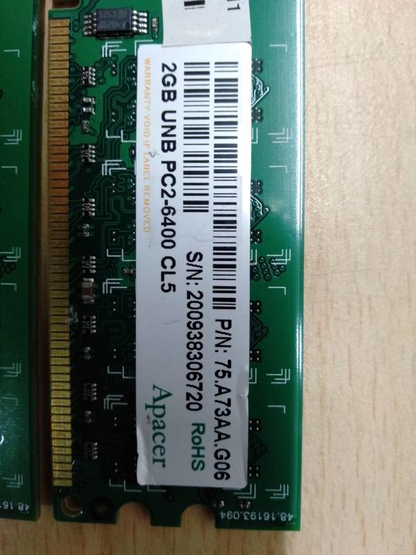 二手 宇瞻 Apacer DDR2  2GB-6400 桌機雙面記憶體
