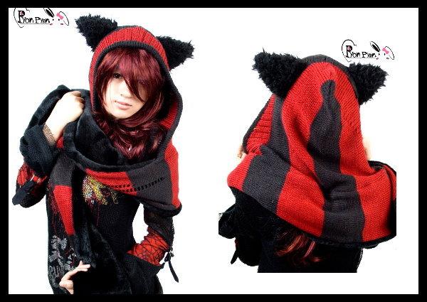 ＊mini & PUNK LOLO＊龐克視覺搖滾-黑暗邪惡貓咪紅黑條紋造型圍巾帽(LS-002)~個性登場!