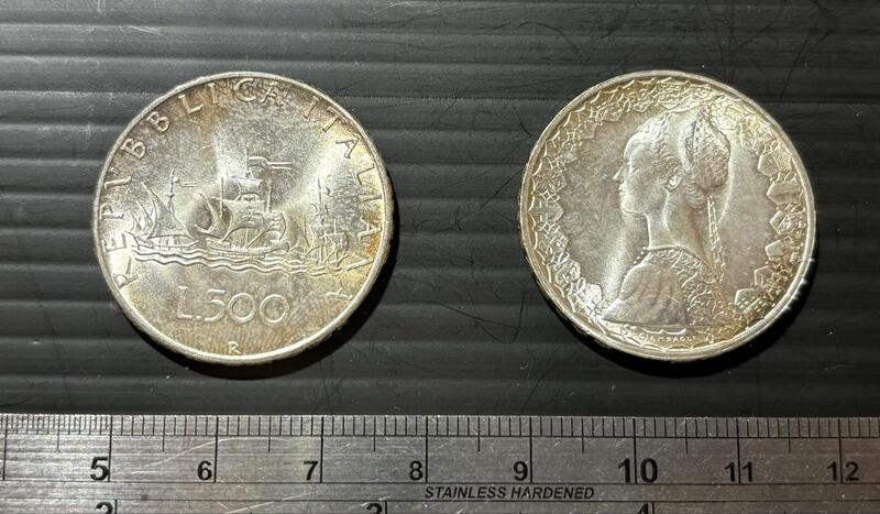 【超值硬幣】義大利 1966年 500LIRA 義大利里拉 銀幣一枚 哥倫布船隊與文藝復興女性圖案 已絕版 98新