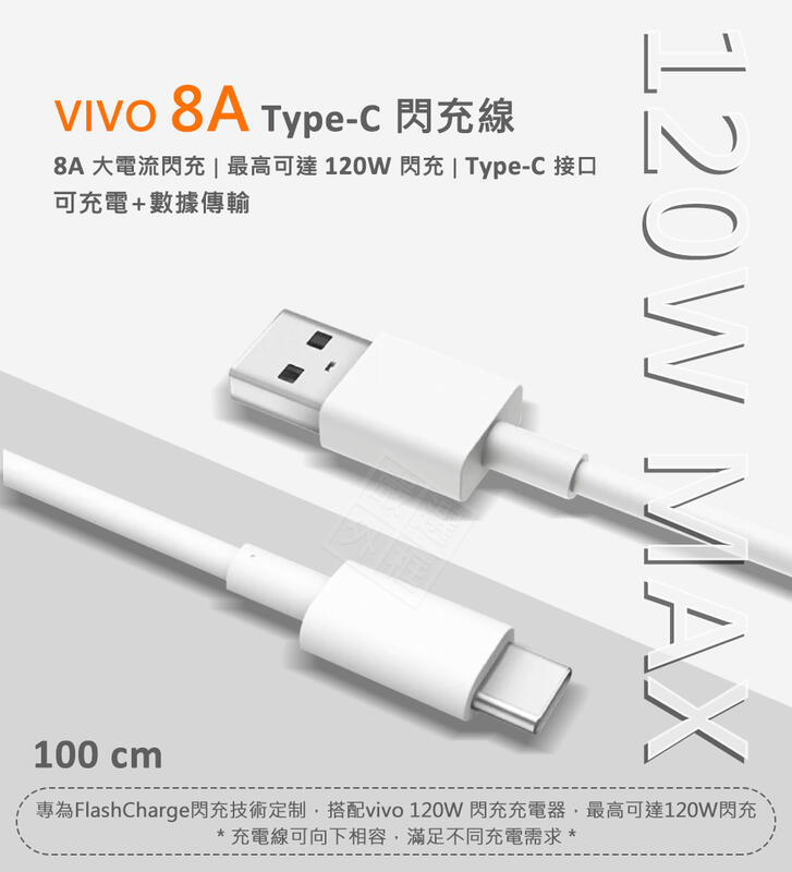 【嚴選外框】 原廠品質 VIVO 8A 120W TYPE-C 閃充線 傳輸線 快充線 4A 充電線 1M TYPEC