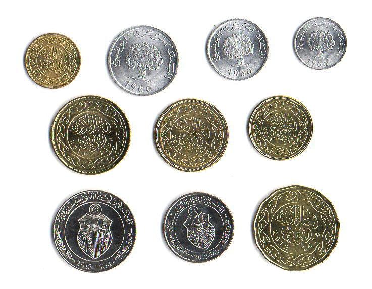 【超值硬幣】突尼西亞1millim-1Dinar錢幣十枚一組，珍罕~98新~UNC