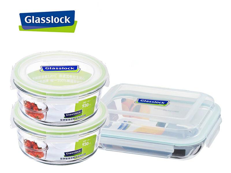 【Glasslock】波浪系列圓形微波保鮮盒930ml*2+強化玻璃微波保鮮盤900ml組合.樂扣精緻佳餚3件組