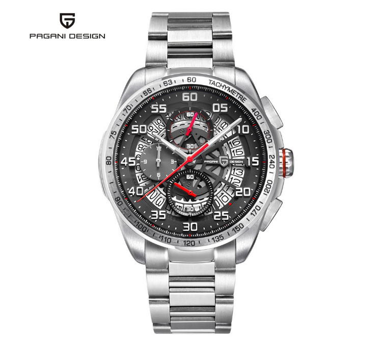 義大利超跑品牌PAGANI DESIGN 銀鋼帶真三眼計時石英錶