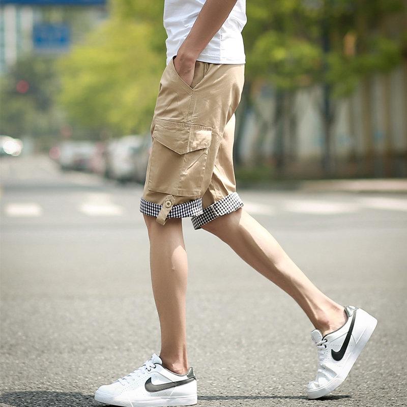 韓版男裝夏季新品五分休閒褲 格子翻邊撞色多口袋工裝褲 
