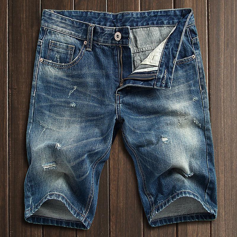 2015夏季新款合體小直筒褲 韓版休閒破洞水洗男士五分牛仔褲 