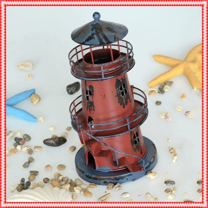 Vintage 地中海洋風個性刷舊燈塔擺飾燭臺 鐵製質感家居裝飾圓形海邊燈塔燭台 水手氣氛佈置 禮物