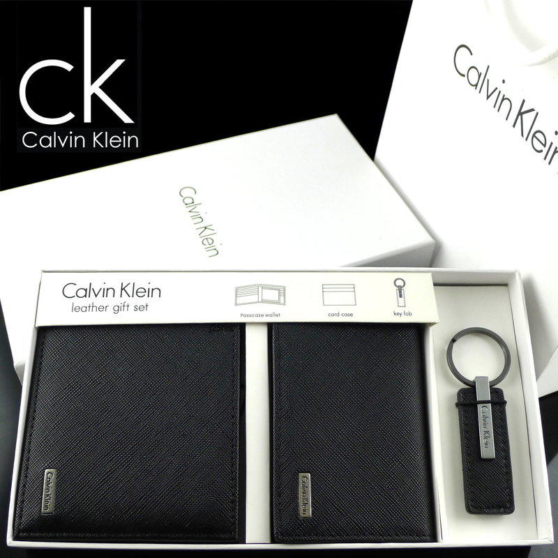 【Calvin Klein專櫃正品】美國原裝 CK 防刮短皮夾+名片夾+鑰匙圈超值三件式禮盒組(可附紙袋